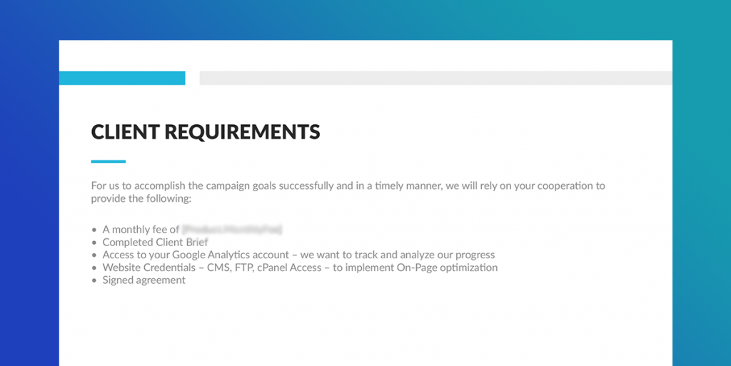 SEOReseller.com SEO Proposal Client Requirements Section