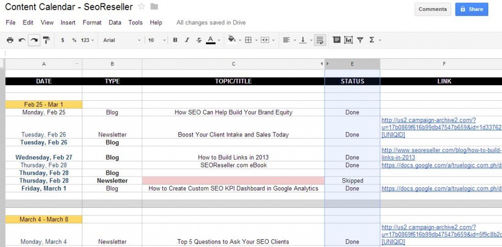 content calendar