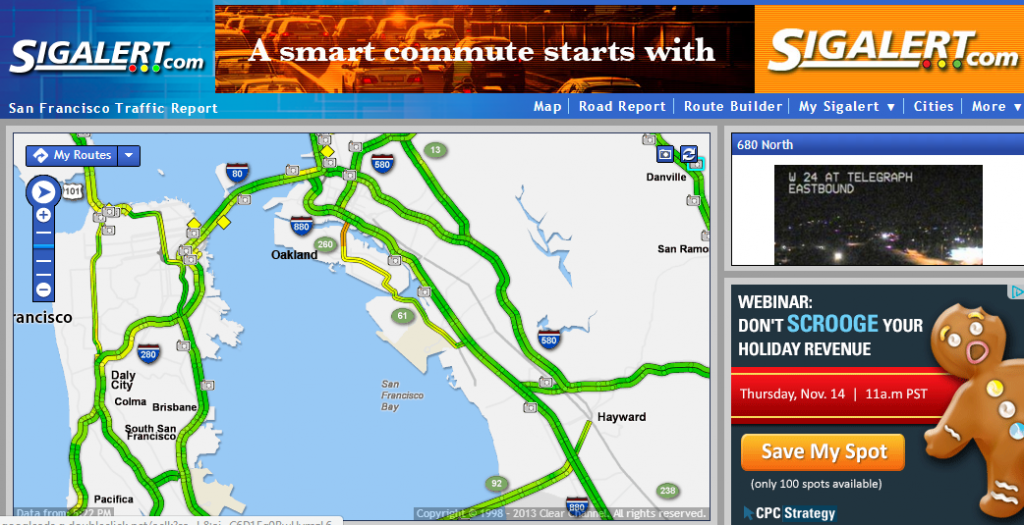 Sigalert.com shows a live interactive traffic map updated by their users, and offers a preview of the road conditions with their live traffic cam. 