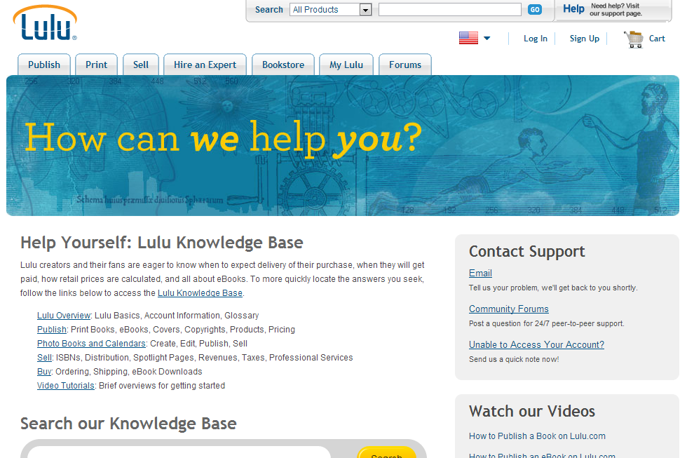 Self-publishing platform Lulu.com has an extensive Support section in their website, featuring FAQs, instructional videos, and forum support for their users. 