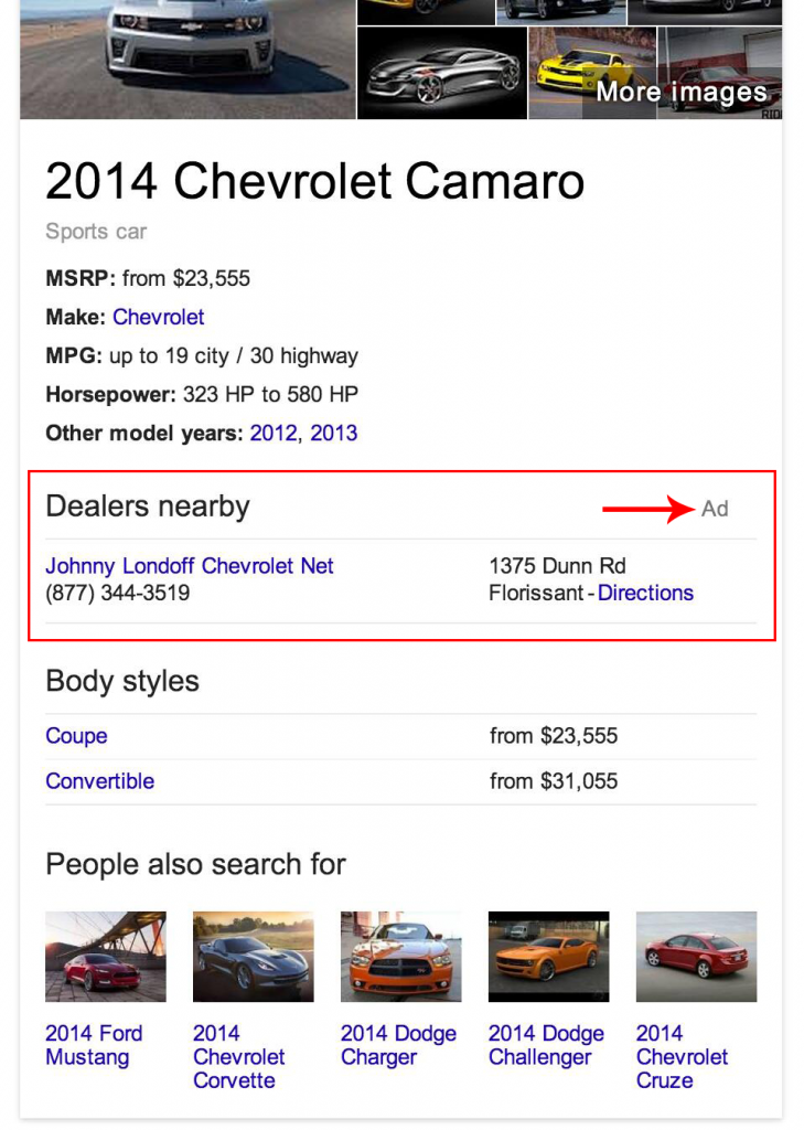 Knowledge Graph entry for the 2014 Chevrolet Camaro showing an ad for a local dealer