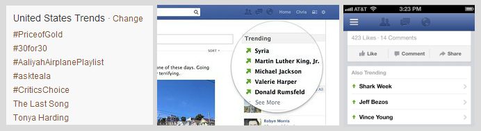 A comparison of Twitter’s Trends feature and Facebook’s old Trending feature on web and mobile