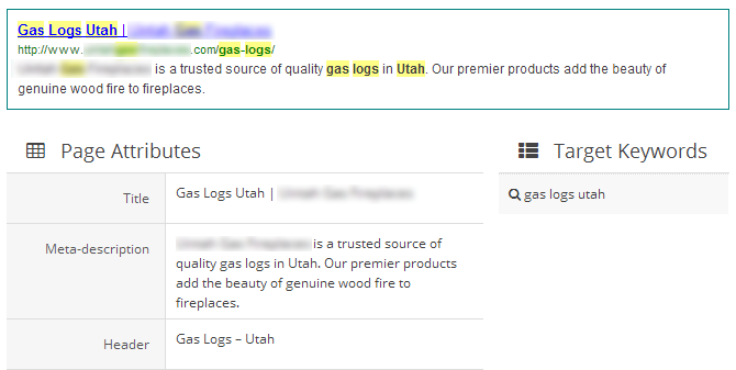 One of the targeted pages with the metadata we recommended, with the listing preview above. This listing is now live on Google SERPs for the keyword "gas logs Utah."