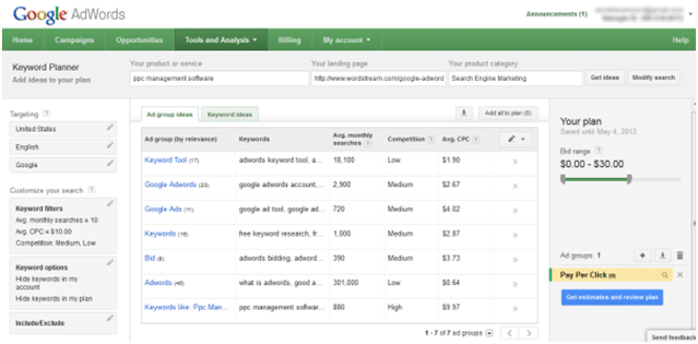 Google AdWords Keyword Planner