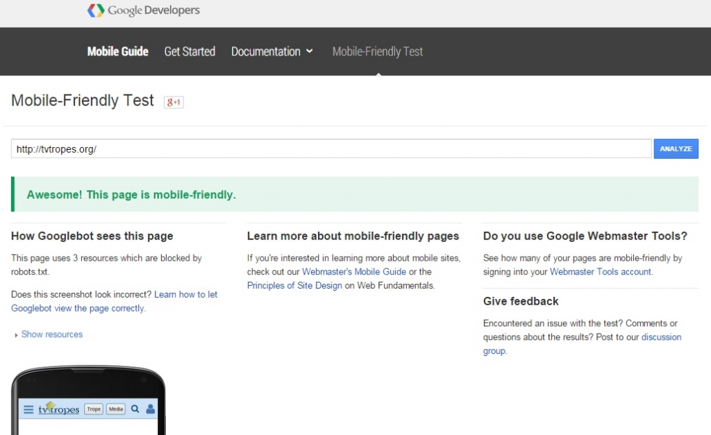 Google Developers Mobile Friendly Testing Tool