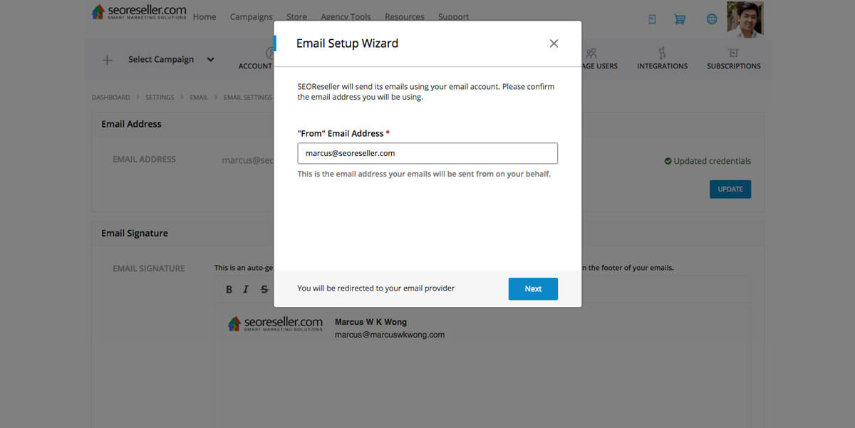 SEOReseller marketing automation email setup